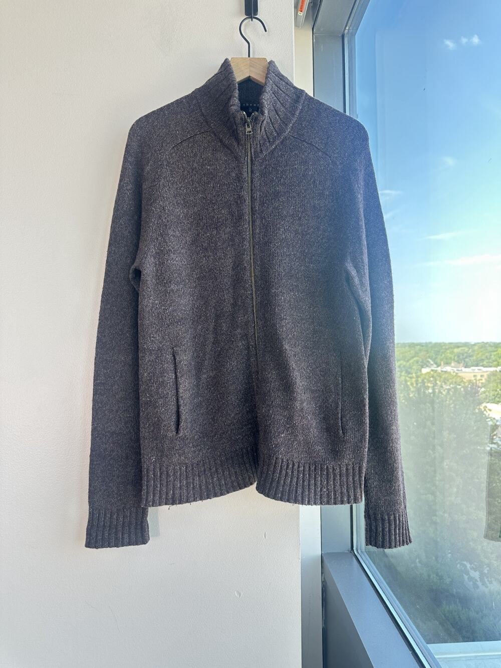 Theory Full Zip Grey Melange Wool Blend Men’s Cardigan Sweater Sz L